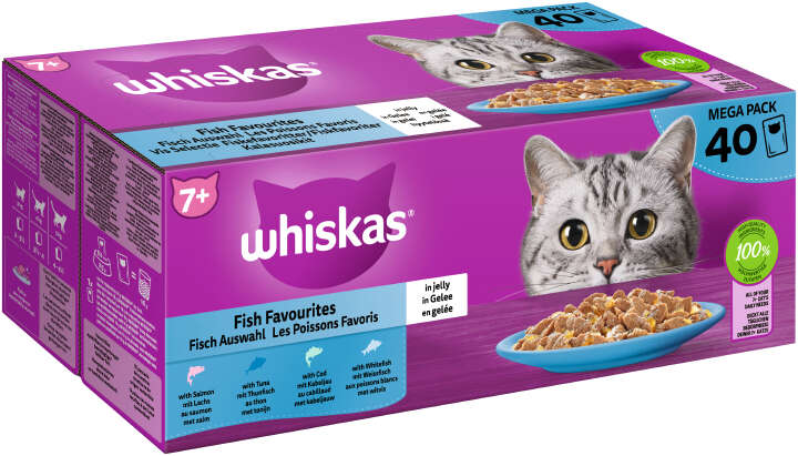 whiskas Katzen-Nassfutter Portionsbeutel Multipack 7+ Fisch Auswahl in Gelee 40 x 85g
